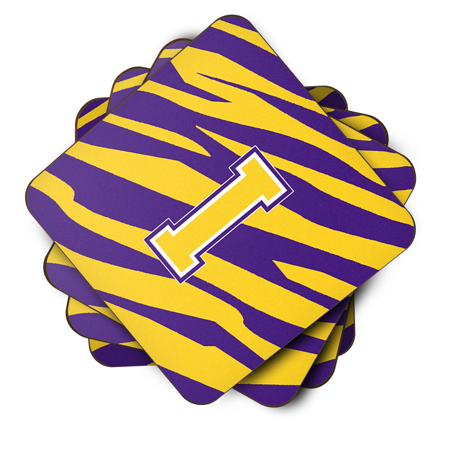 Set of 4 Monogram - Initial I Tiger Stripe - Purple Gold Foam Coasters - the-store.com