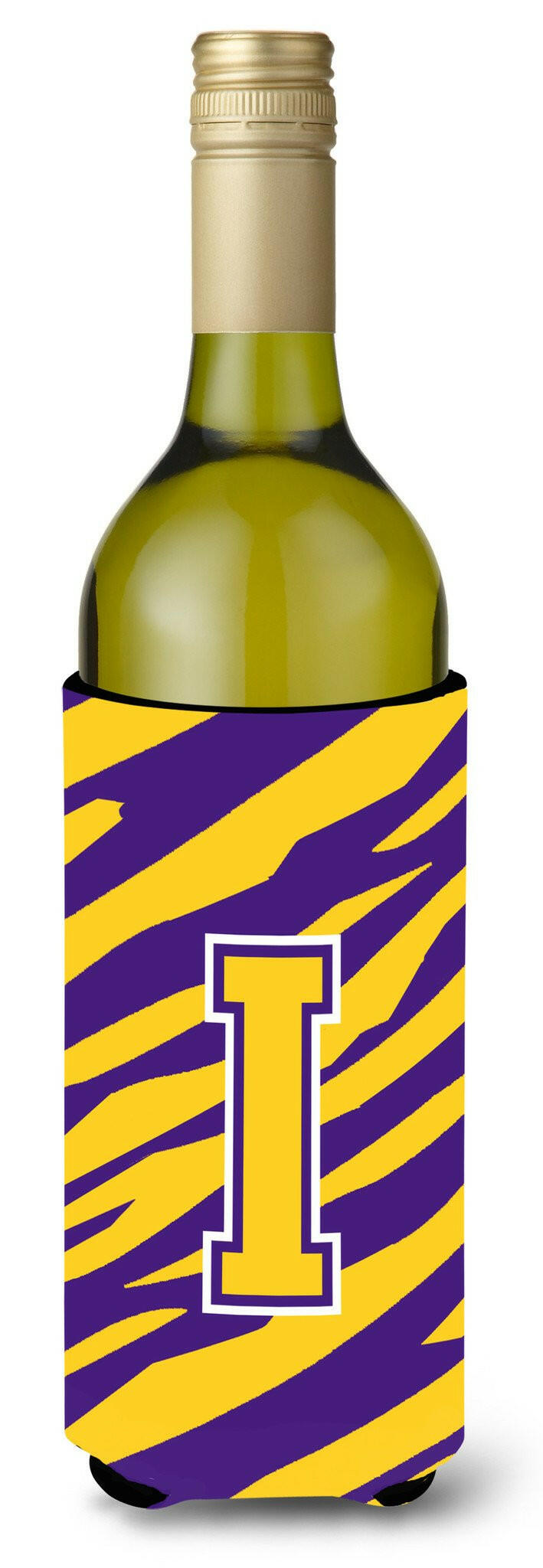 Monogram - Tiger Stripe - Purple Gold  Initial I Wine Bottle Beverage Insulator Beverage Insulator Hugger by Caroline's Treasures