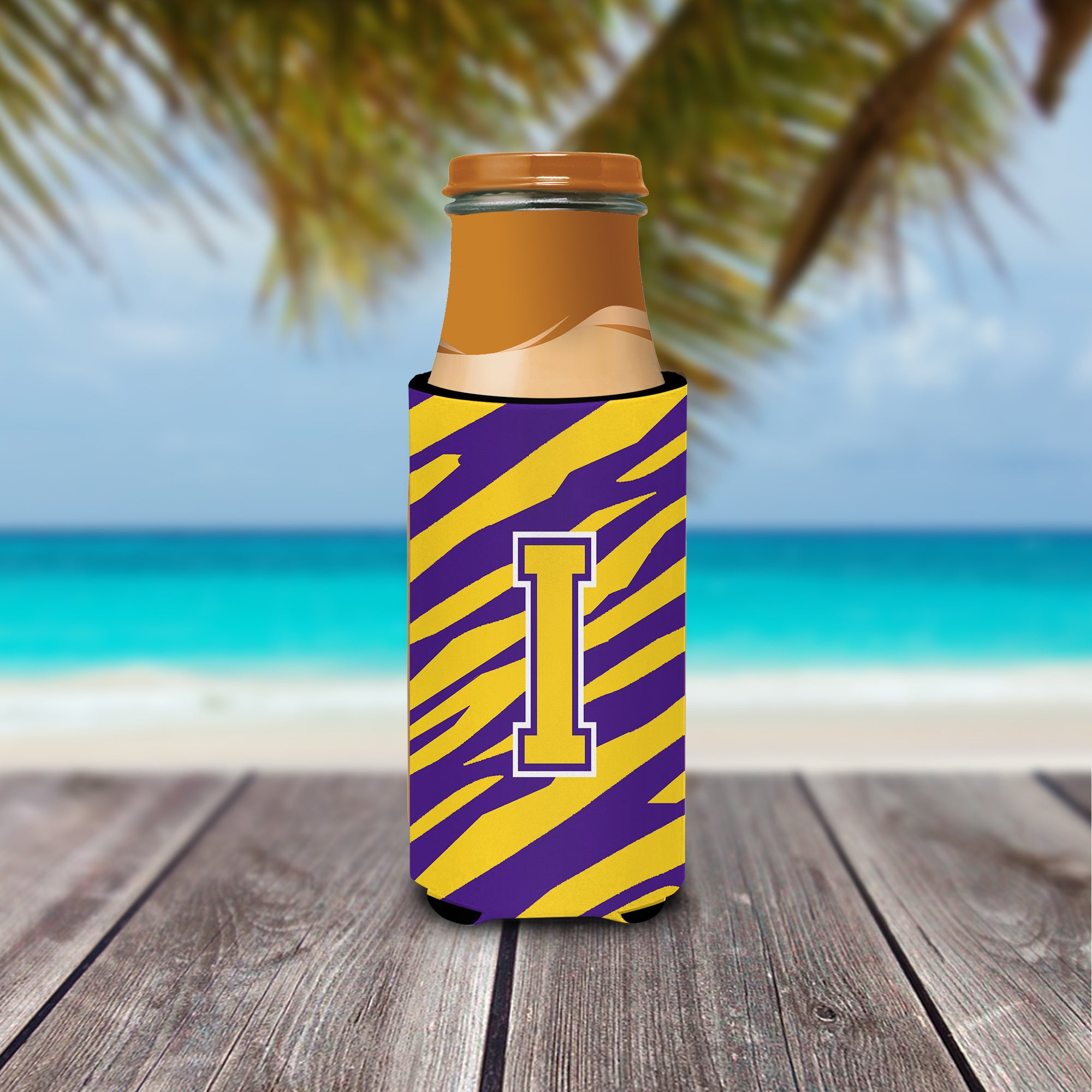 Monogram - Tiger Stripe - Purple Gold  Letter I Ultra Beverage Insulators for slim cans CJ1022-IMUK.