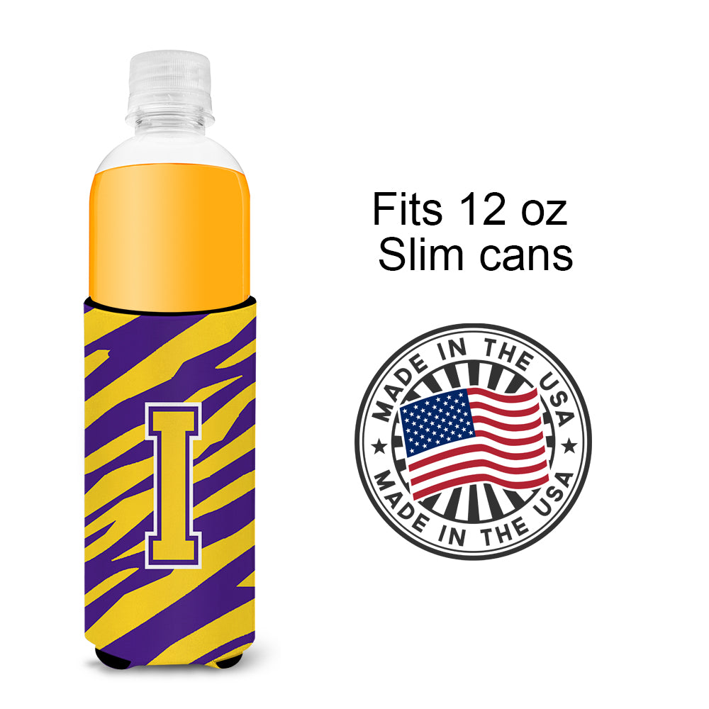 Monogramme - Tiger Stripe - Purple Gold Letter I Ultra Beverage Isolateurs pour canettes minces CJ1022-IMUK