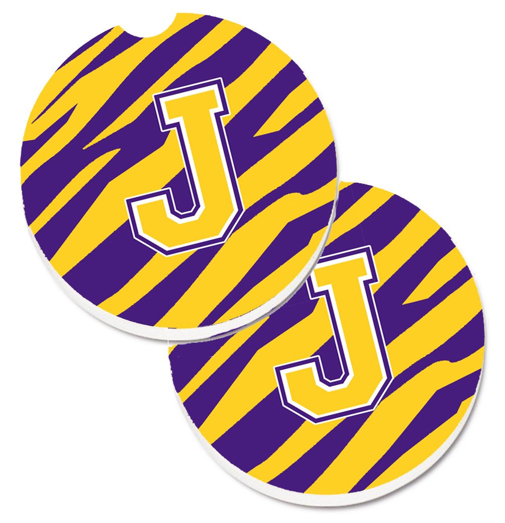 Letter J Monogram - Tiger Stripe - Purple Gold Set of 2 Cup Holder Car Coasters CJ1022-JCARC by Caroline&#39;s Treasures