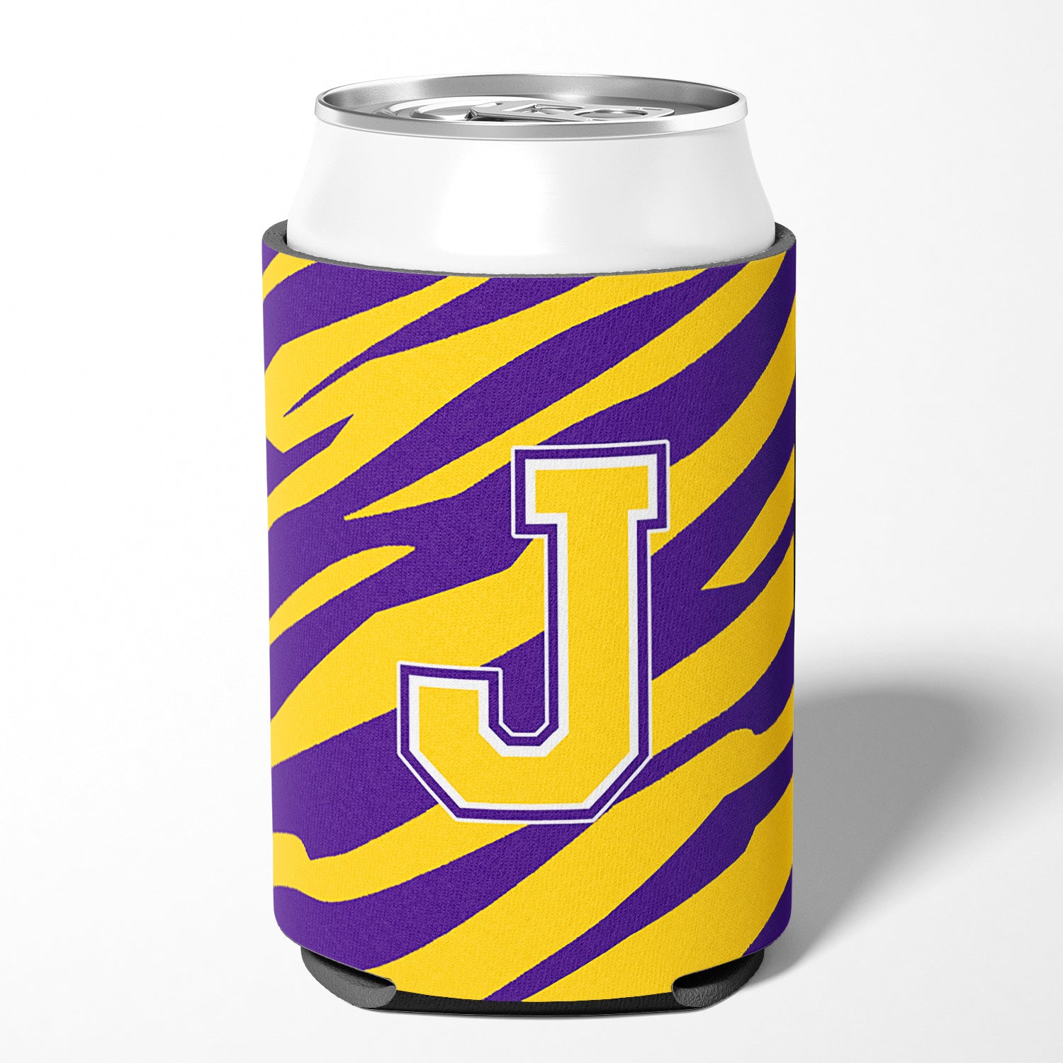 Monogram - Tiger Stripe - Purple Gold Can or Bottle Beverage Insulator Initial J.