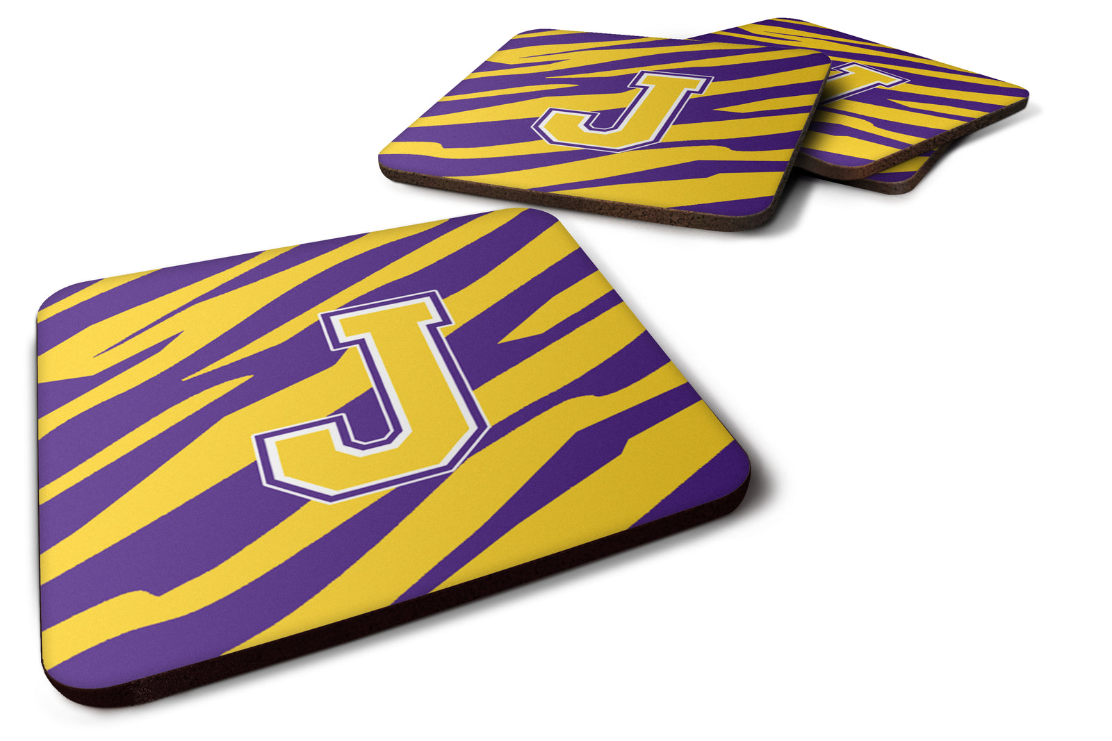 Set of 4 Monogram - Initial J Tiger Stripe - Purple Gold Foam Coasters - the-store.com