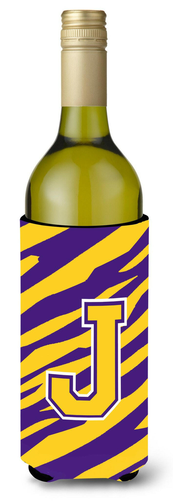 Monogram - Tiger Stripe - Purple Gold  Initial J Wine Bottle Beverage Insulator Beverage Insulator Hugger by Caroline's Treasures