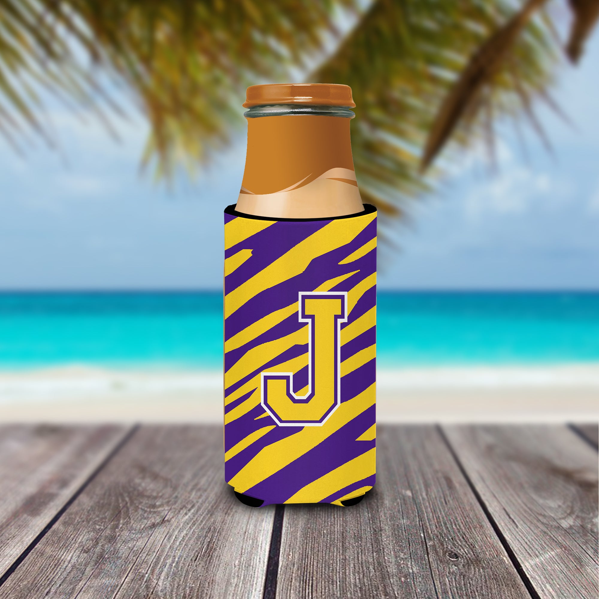Monogram - Tiger Stripe - Purple Gold  Letter J Ultra Beverage Insulators for slim cans CJ1022-JMUK.