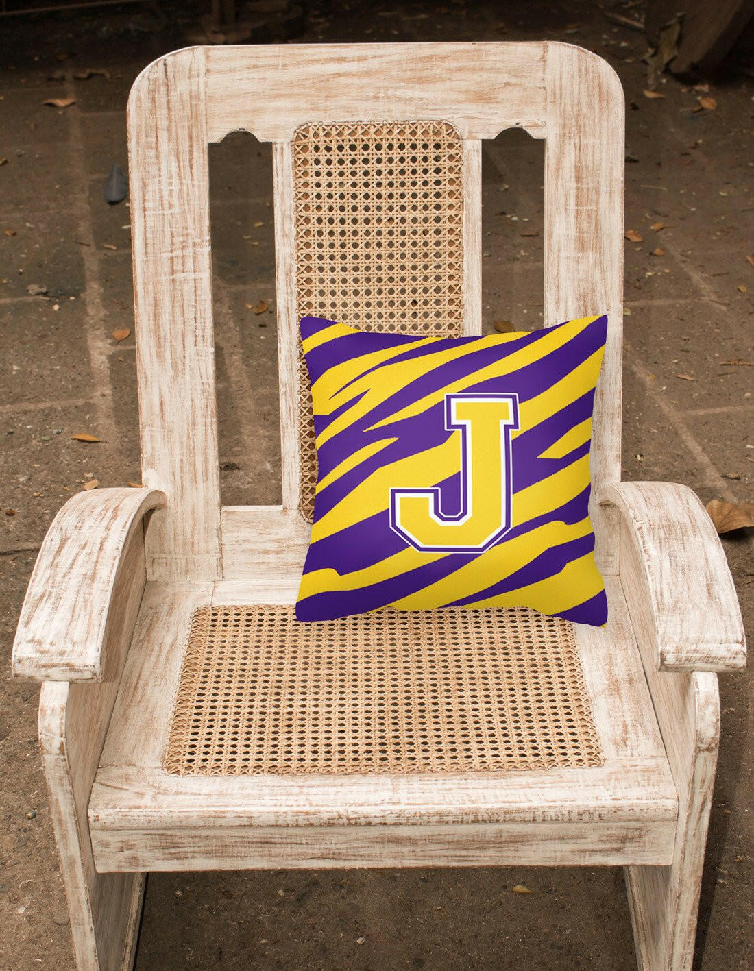 Monogram - Tiger Stripe - Purple Gold Decorative Canvas Fabric Pillow Initial J - the-store.com