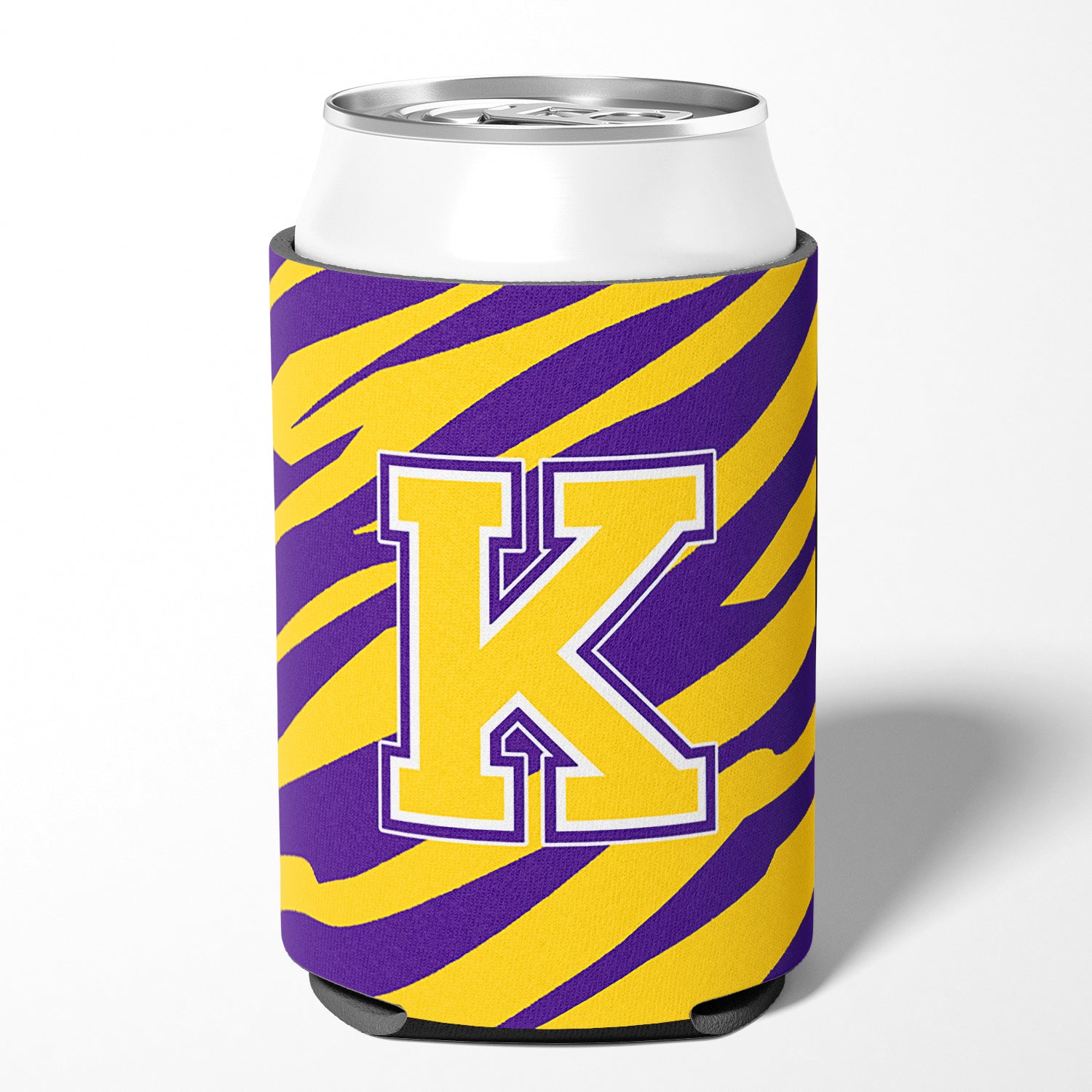 Monogram - Tiger Stripe - Purple Gold Can or Bottle Beverage Insulator Initial K.