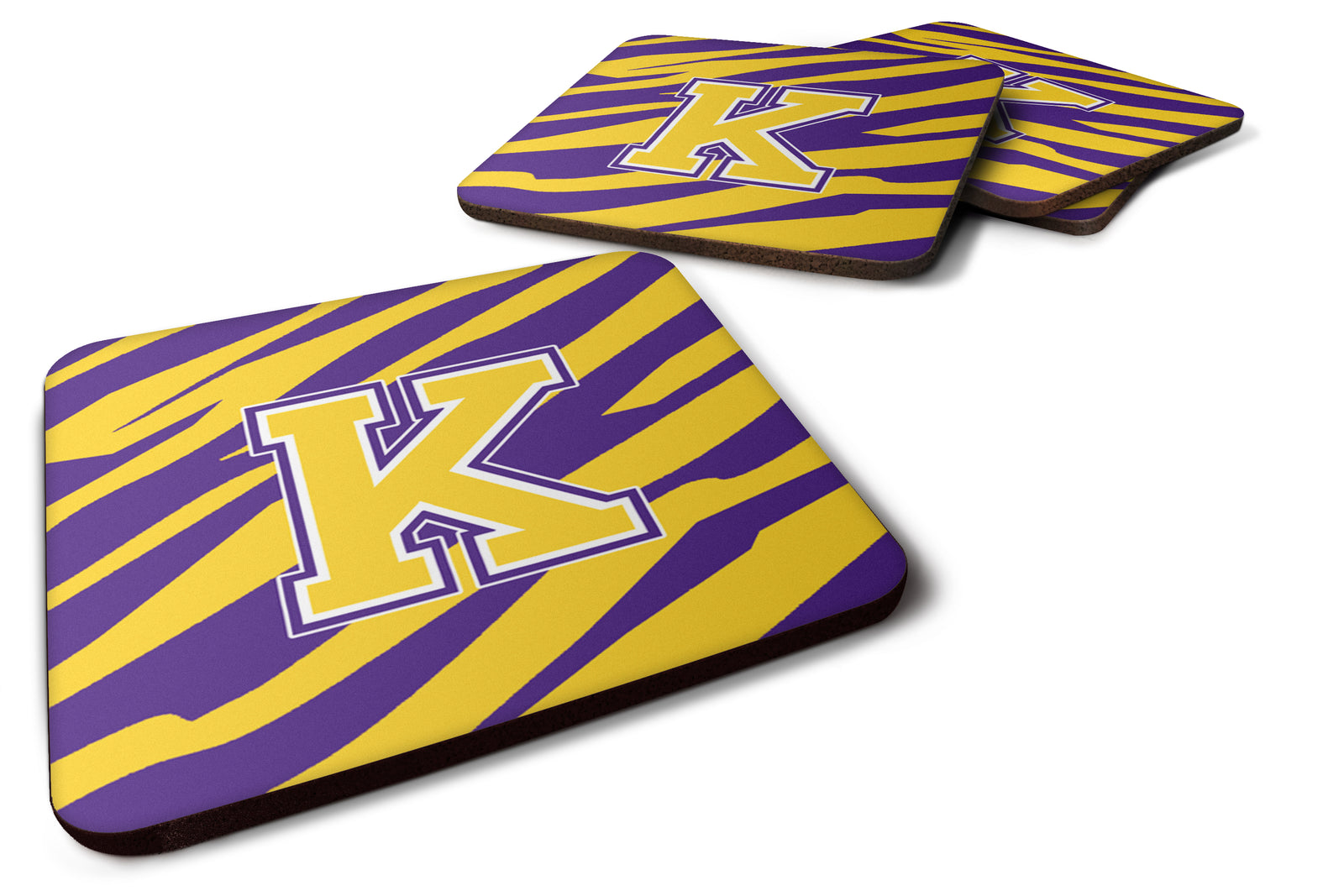 Set of 4 Monogram - Initial K Tiger Stripe - Purple Gold Foam Coasters - the-store.com