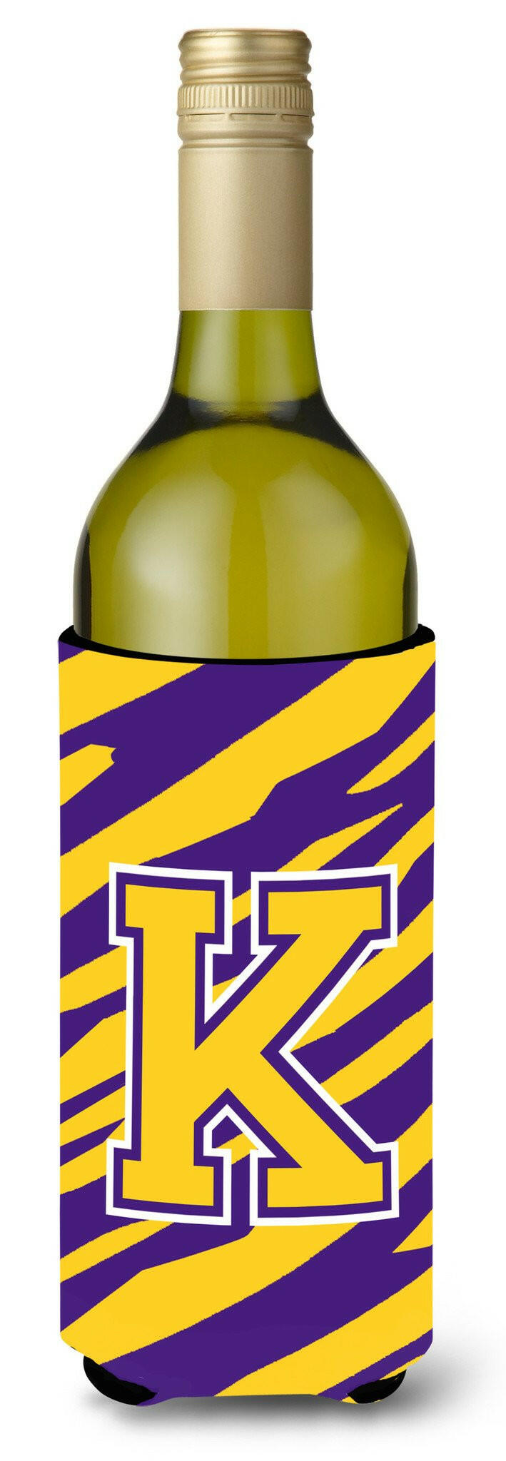 Monogram - Tiger Stripe - Purple Gold  Initial K Wine Bottle Beverage Insulator Beverage Insulator Hugger by Caroline&#39;s Treasures