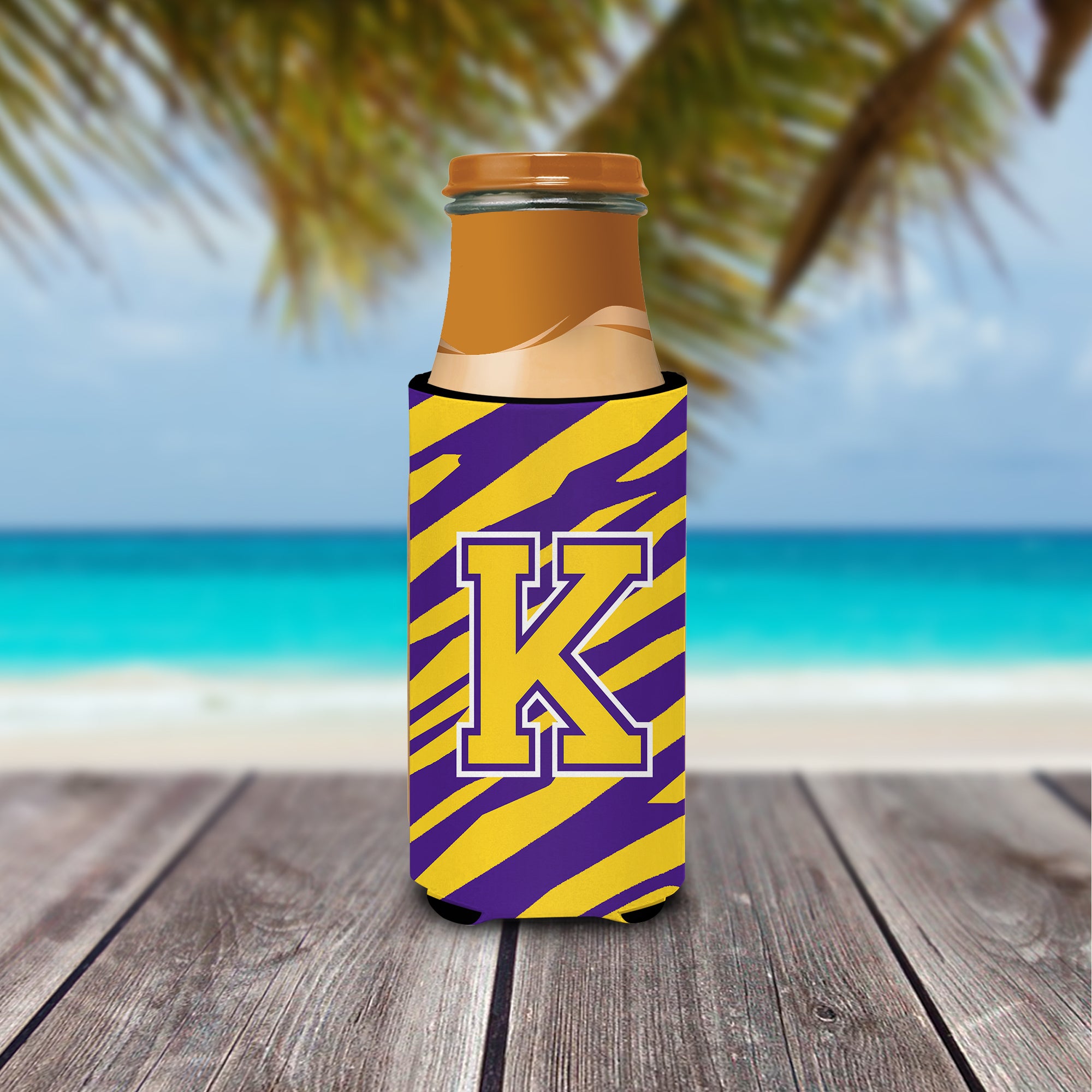Monogram - Tiger Stripe - Purple Gold  Letter K Ultra Beverage Insulators for slim cans CJ1022-KMUK