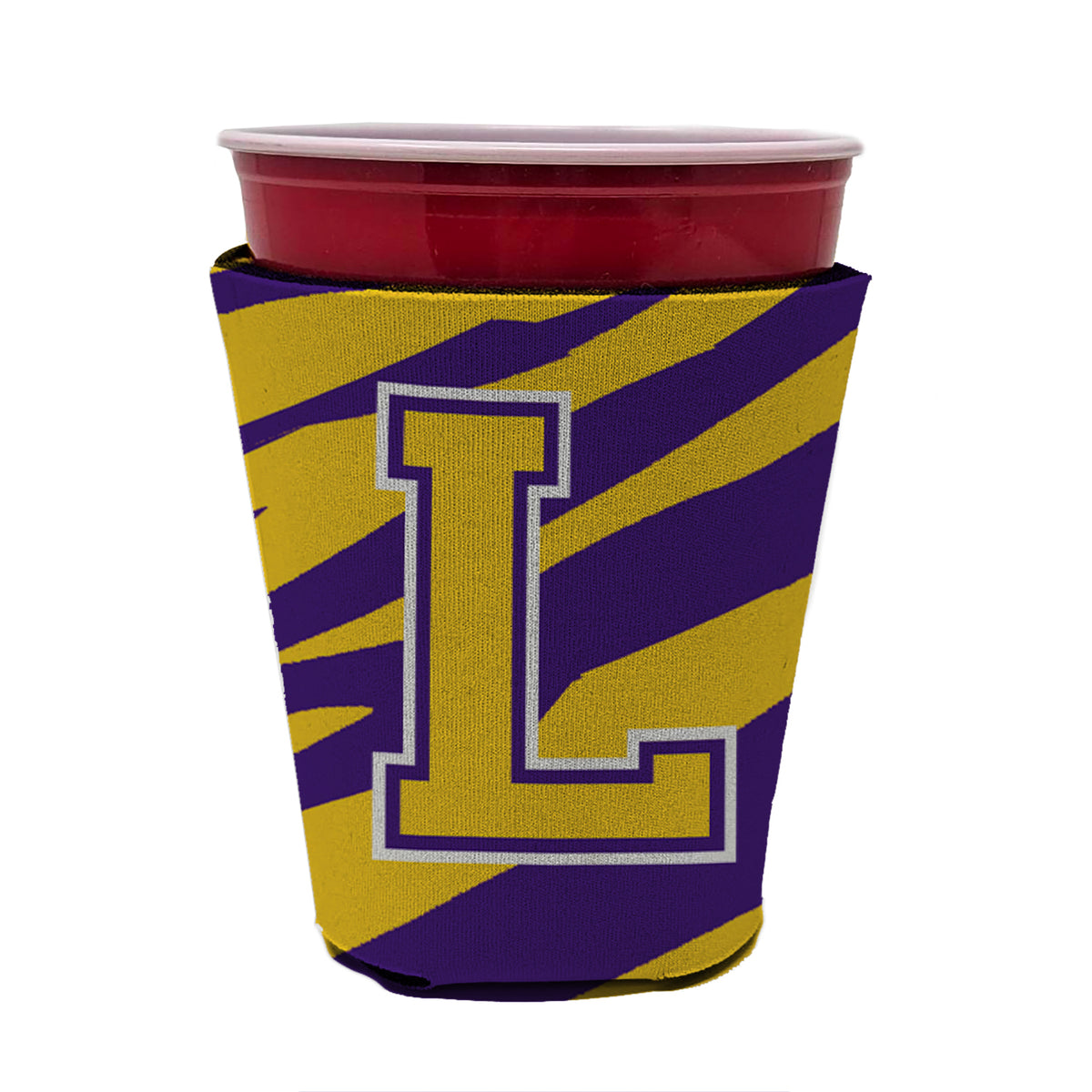 Tiger Stripe - Purple Gold Letter L Monogram Initial Red Cup Beverage Insulator Hugger