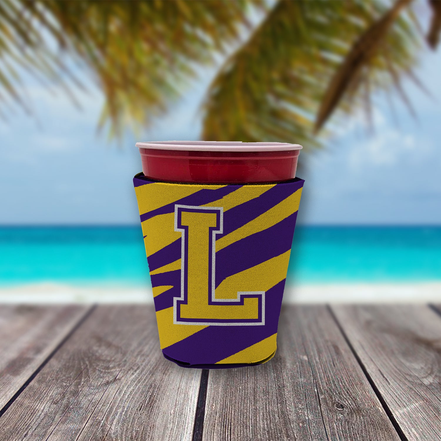 Caroline's Treasures Tiger Stripe - Purple Gold Letter L Monogram Initial Cup Hugger - Reusable Party Cup Sleeve with Personality