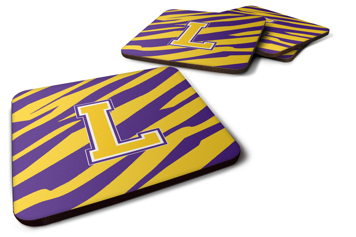 Set of 4 Monogram - Initial L Tiger Stripe - Purple Gold Foam Coasters - the-store.com
