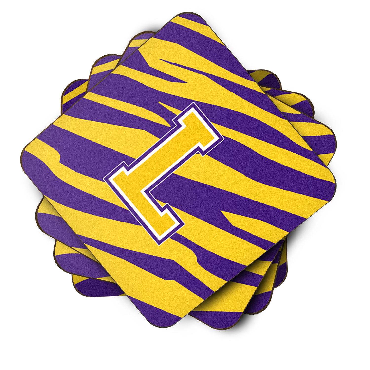 Set of 4 Monogram - Initial L Tiger Stripe - Purple Gold Foam Coasters - the-store.com