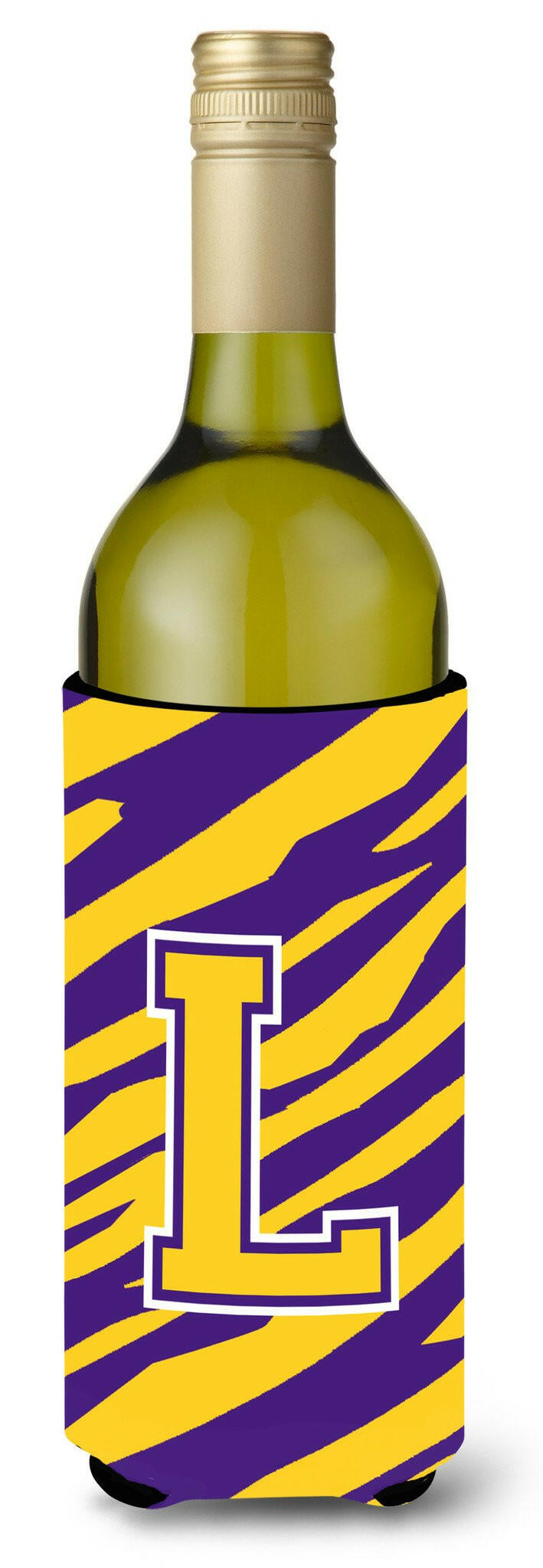 Monogram - Tiger Stripe - Purple Gold  Initial L Wine Bottle Beverage Insulator Beverage Insulator Hugger by Caroline&#39;s Treasures