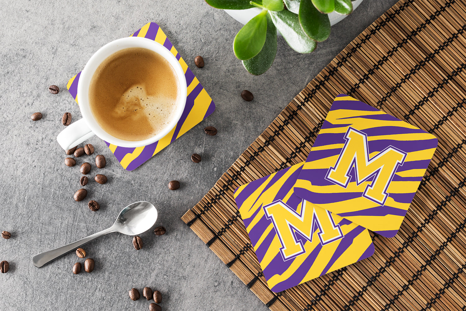 Set of 4 Monogram - Initial M Tiger Stripe - Purple Gold Foam Coasters - the-store.com