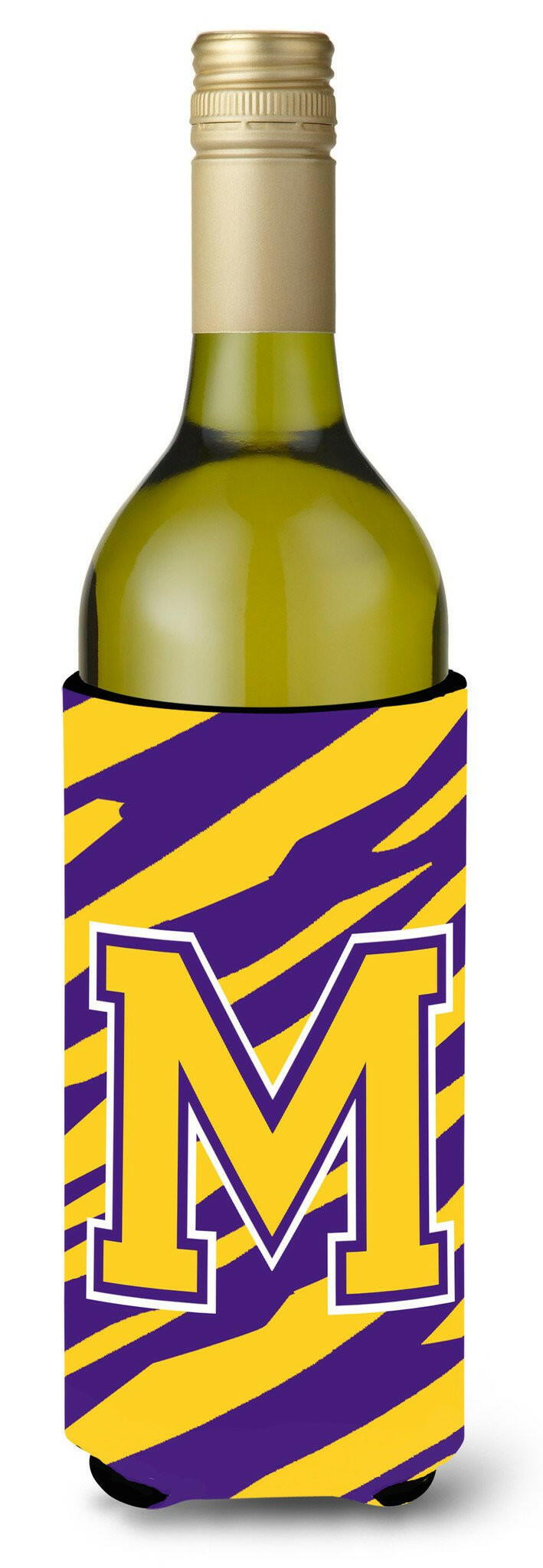 Monogram - Tiger Stripe - Purple Gold  Initial M Wine Bottle Beverage Insulator Beverage Insulator Hugger by Caroline's Treasures