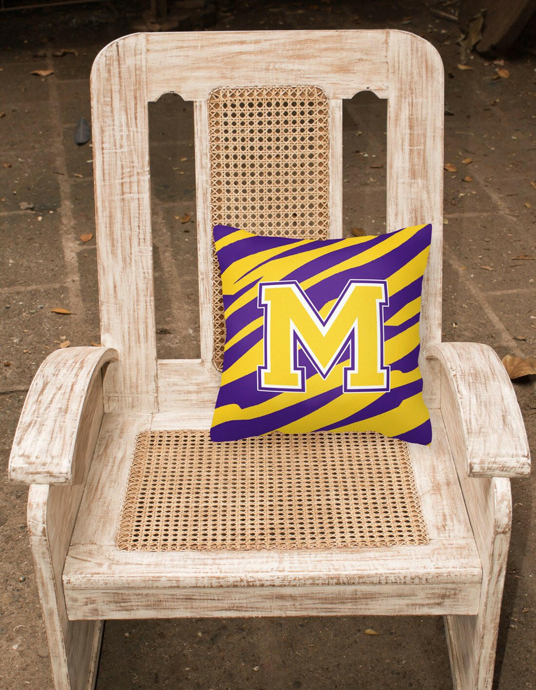Monogram - Tiger Stripe - Purple Gold Decorative Canvas Fabric Pillow Initial M - the-store.com