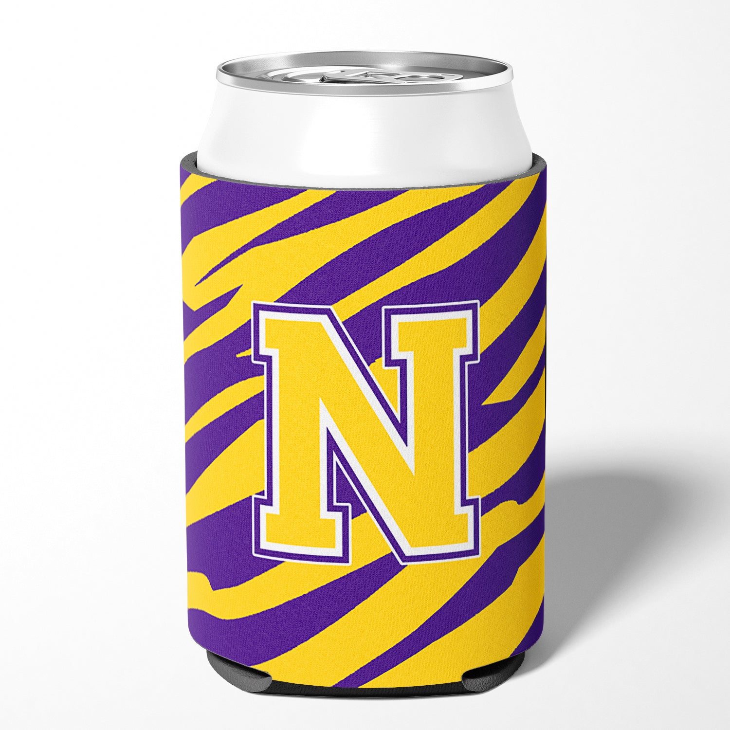 Monogram - Tiger Stripe - Purple Gold Can or Bottle Beverage Insulator Initial N.
