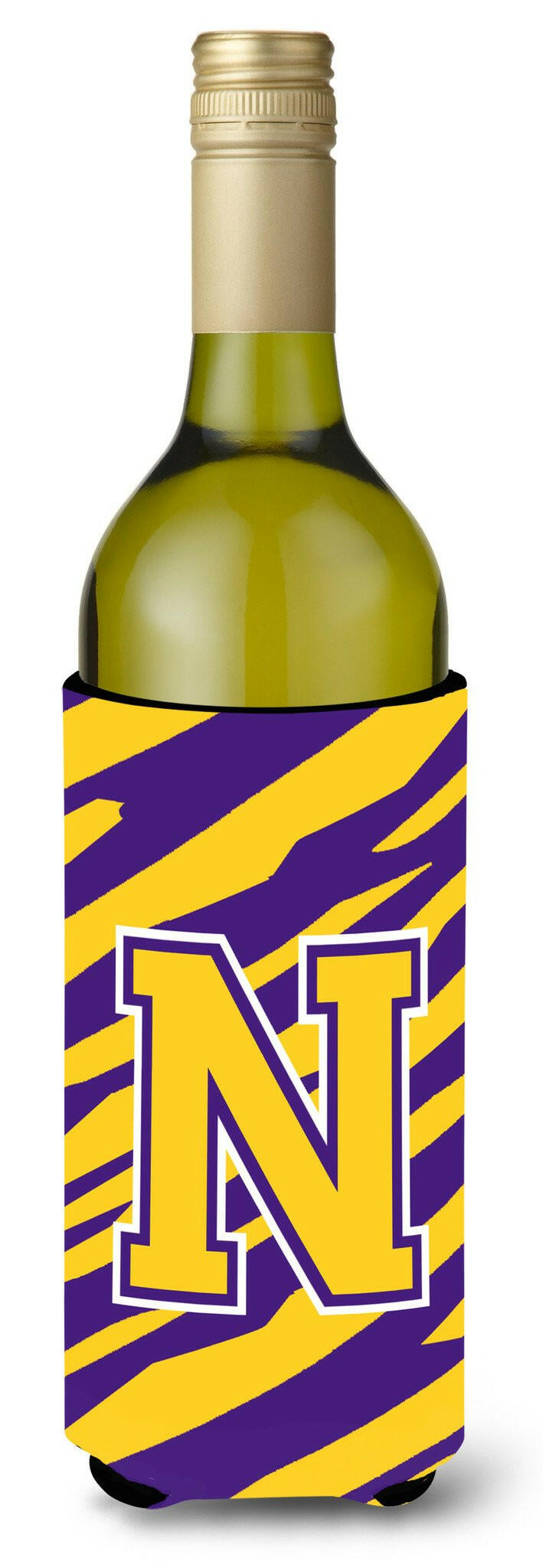 Monogram - Tiger Stripe - Purple Gold  Initial N Wine Bottle Beverage Insulator Beverage Insulator Hugger by Caroline&#39;s Treasures