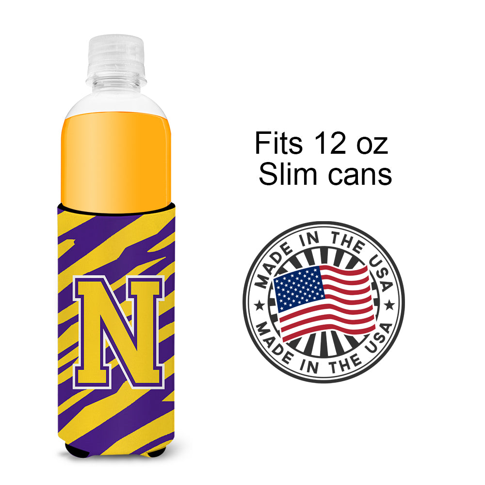 Monogram - Tiger Stripe - Purple Gold  Letter N Ultra Beverage Insulators for slim cans CJ1022-NMUK.