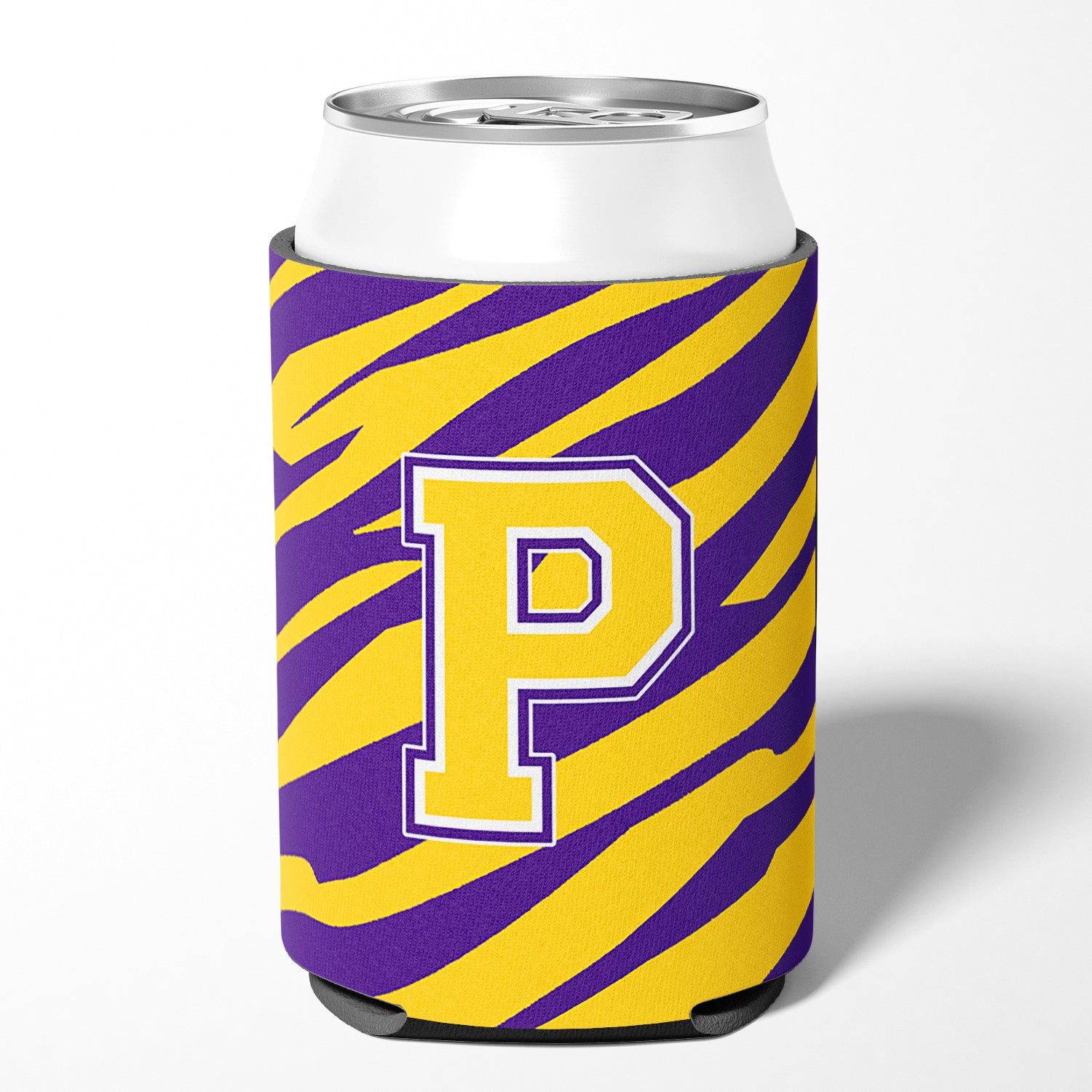 Monogram - Tiger Stripe - Purple Gold Can or Bottle Beverage Insulator Initial P.