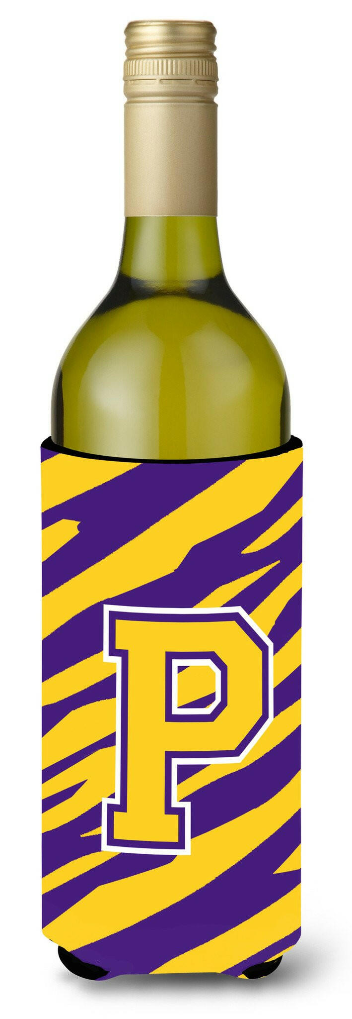 Monogram - Tiger Stripe - Purple Gold  Initial P Wine Bottle Beverage Insulator Beverage Insulator Hugger by Caroline&#39;s Treasures