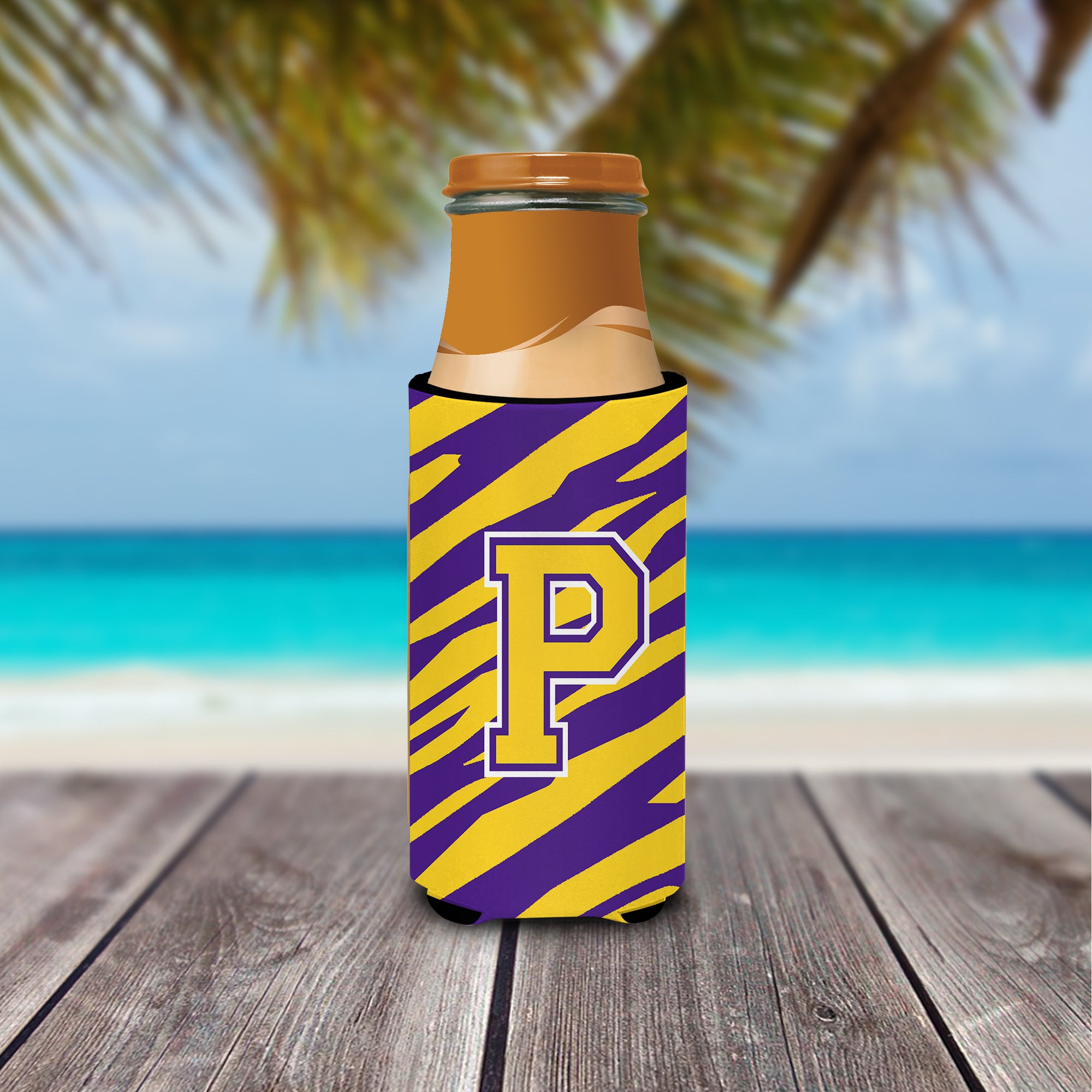 Monogram - Tiger Stripe - Purple Gold  Letter P Ultra Beverage Insulators for slim cans CJ1022-PMUK.