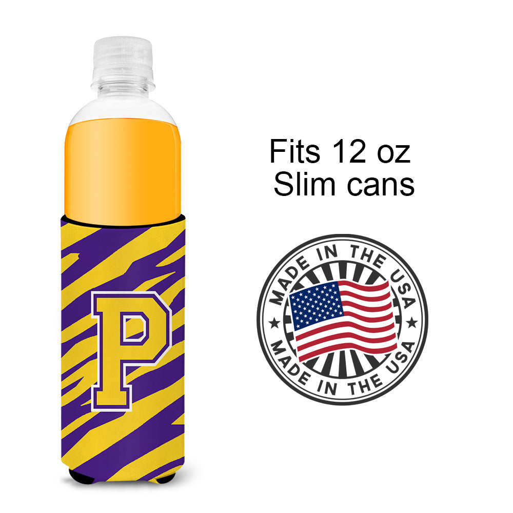 Monogram - Tiger Stripe - Purple Gold  Letter P Ultra Beverage Insulators for slim cans CJ1022-PMUK