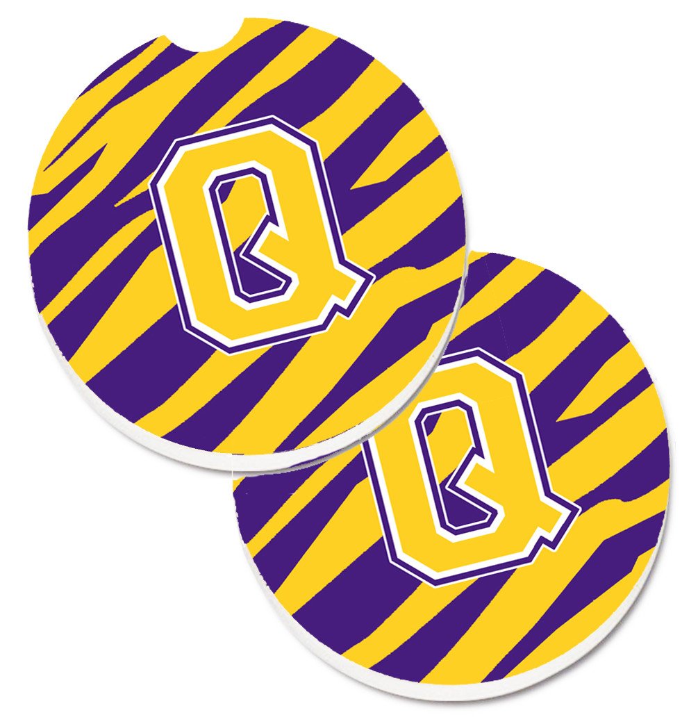 Letter Q Monogram - Tiger Stripe - Purple Gold Set of 2 Cup Holder Car Coasters CJ1022-QCARC by Caroline&#39;s Treasures