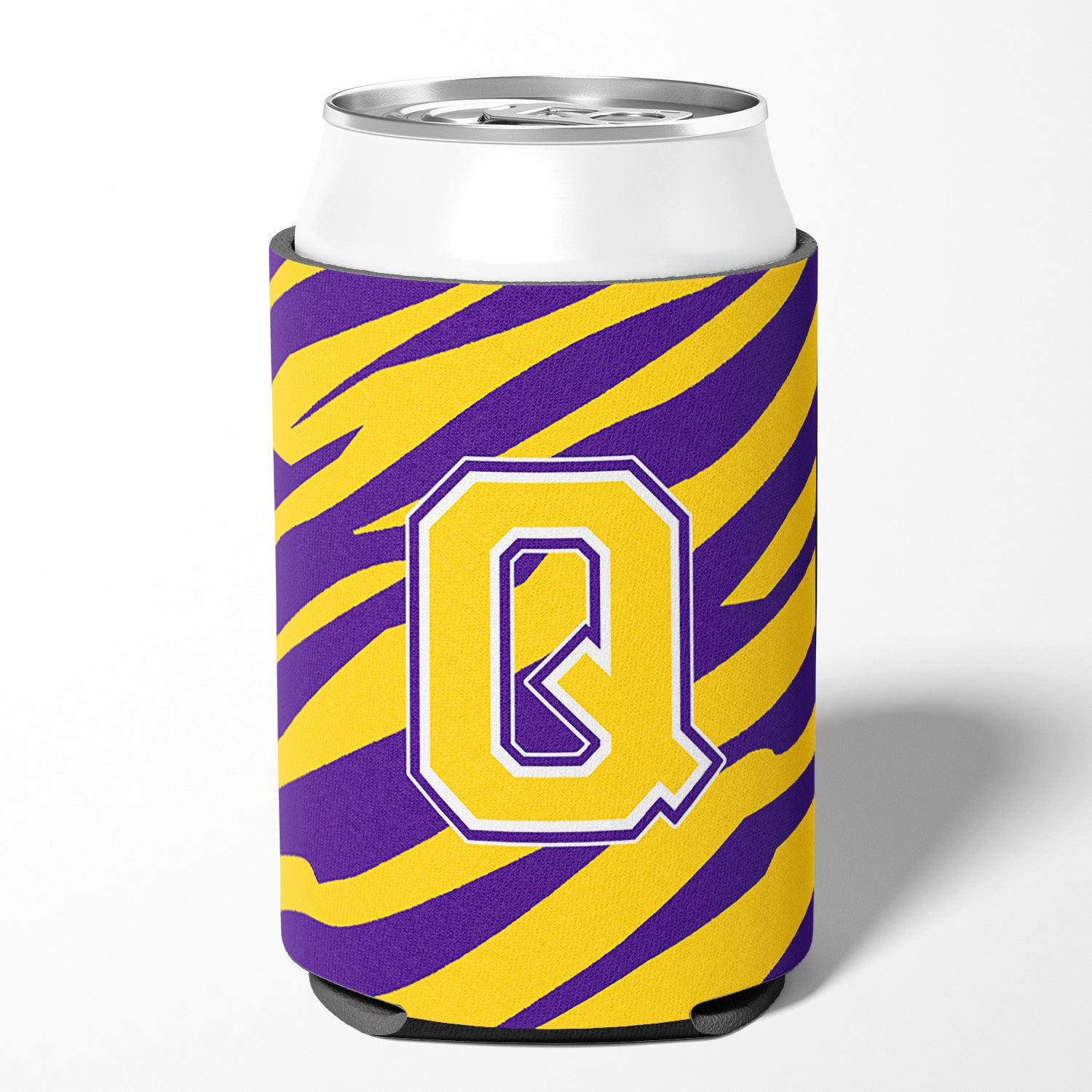 Monogram - Tiger Stripe - Purple Gold Can or Bottle Beverage Insulator Initial Q.