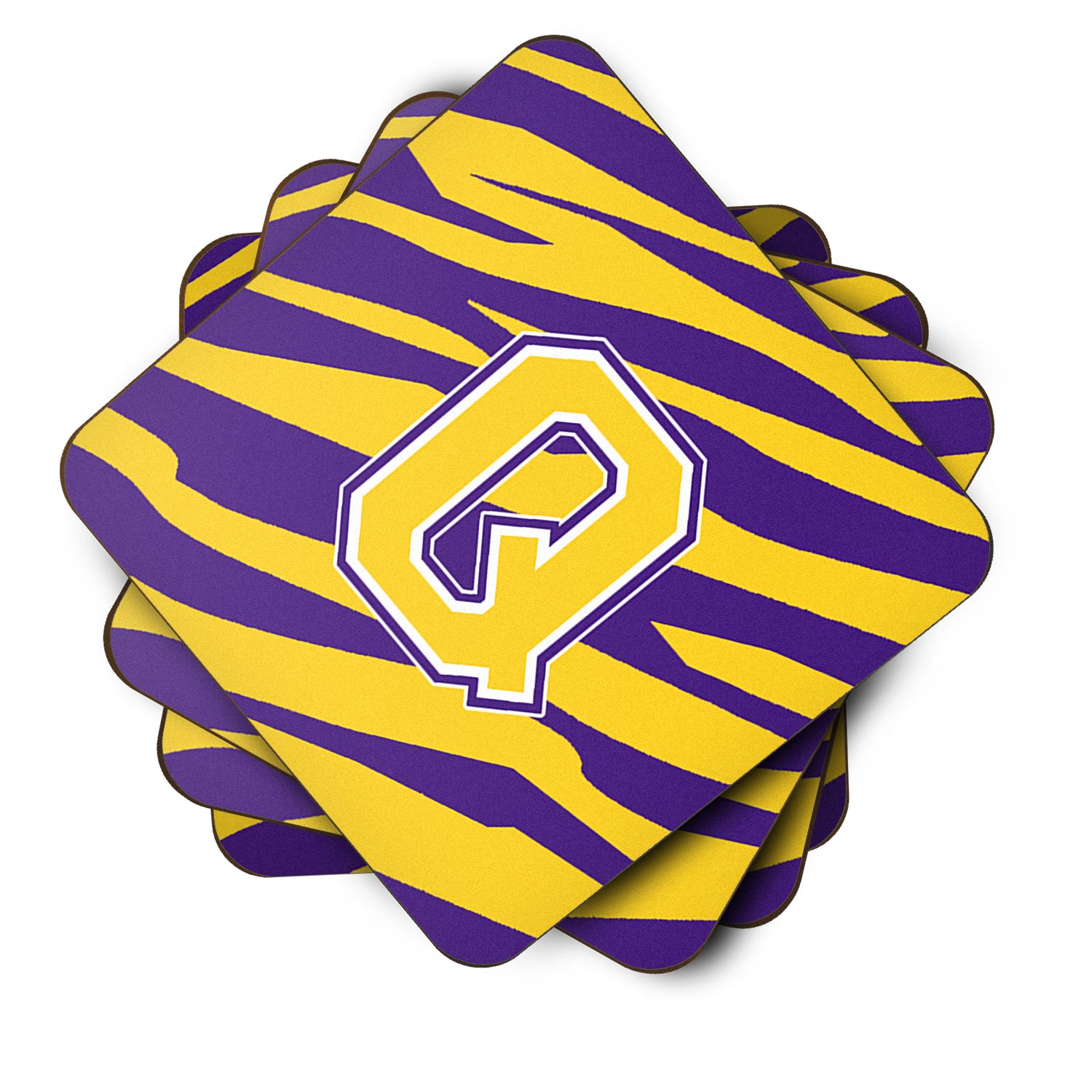 Set of 4 Monogram - Initial Q Tiger Stripe - Purple Gold Foam Coasters - the-store.com