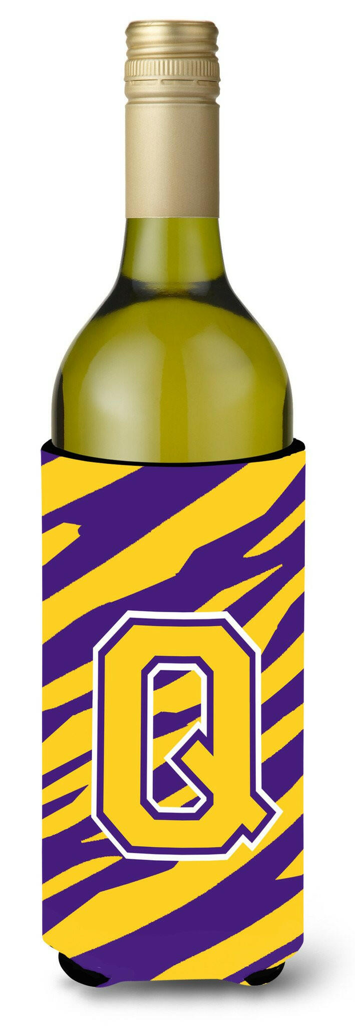 Monogram - Tiger Stripe - Purple Gold  Initial Q Wine Bottle Beverage Insulator Beverage Insulator Hugger by Caroline&#39;s Treasures