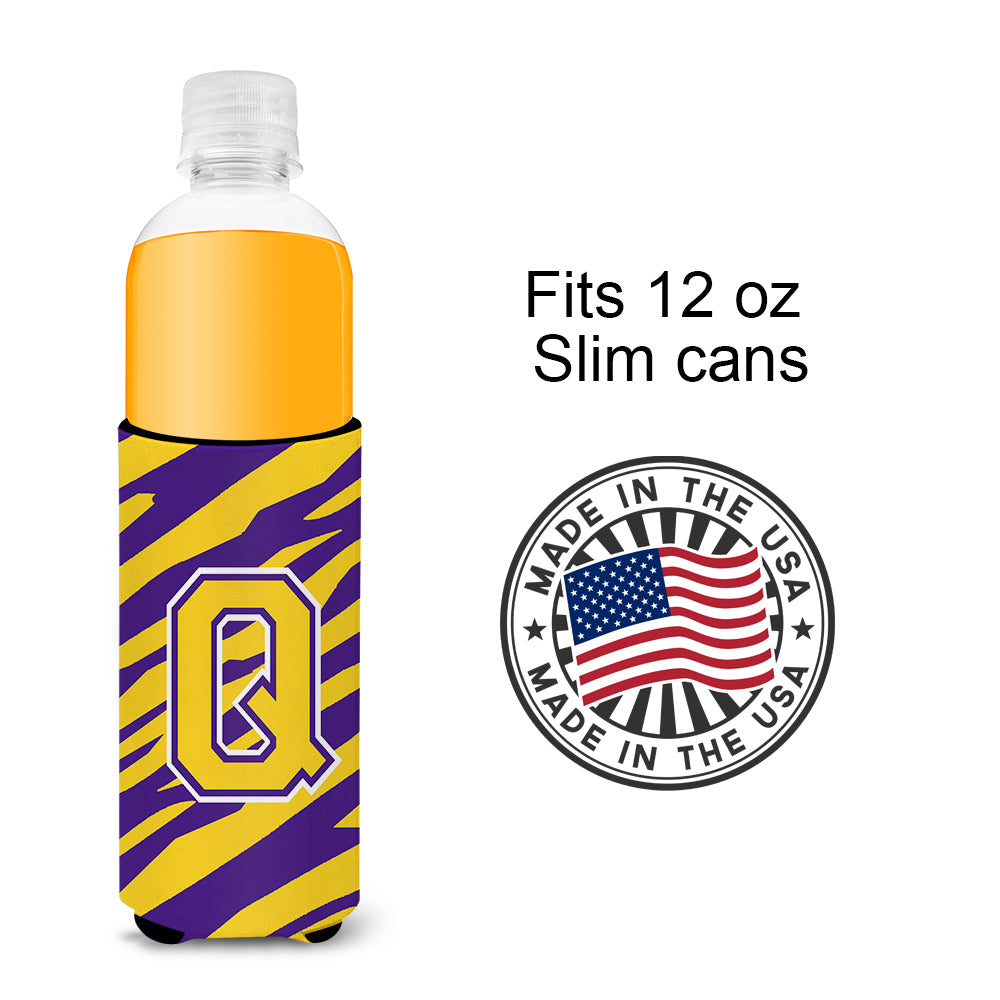 Monogramme - Tiger Stripe - Purple Gold Letter Q Ultra Beverage Isolateurs pour canettes minces CJ1022-QMUK