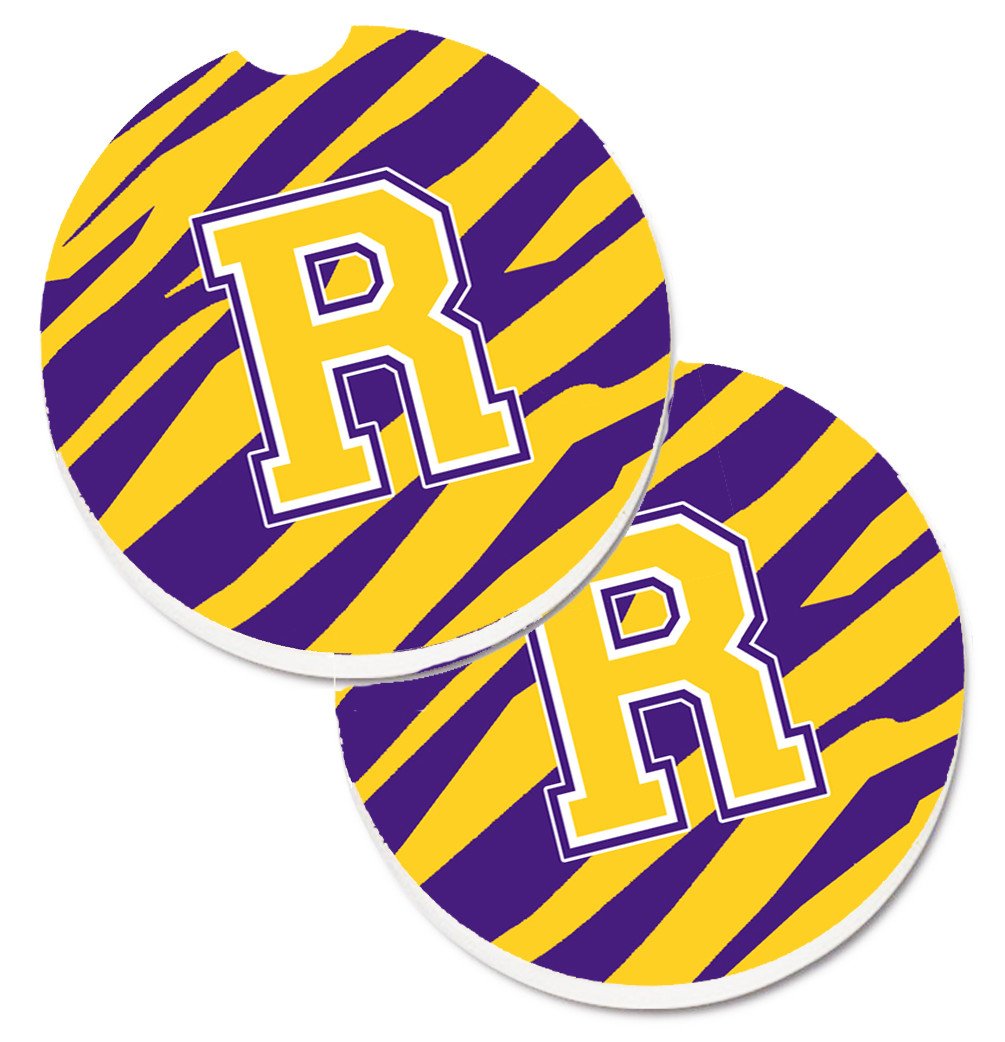 Letter R Monogram - Tiger Stripe - Purple Gold Set of 2 Cup Holder Car Coasters CJ1022-RCARC by Caroline&#39;s Treasures