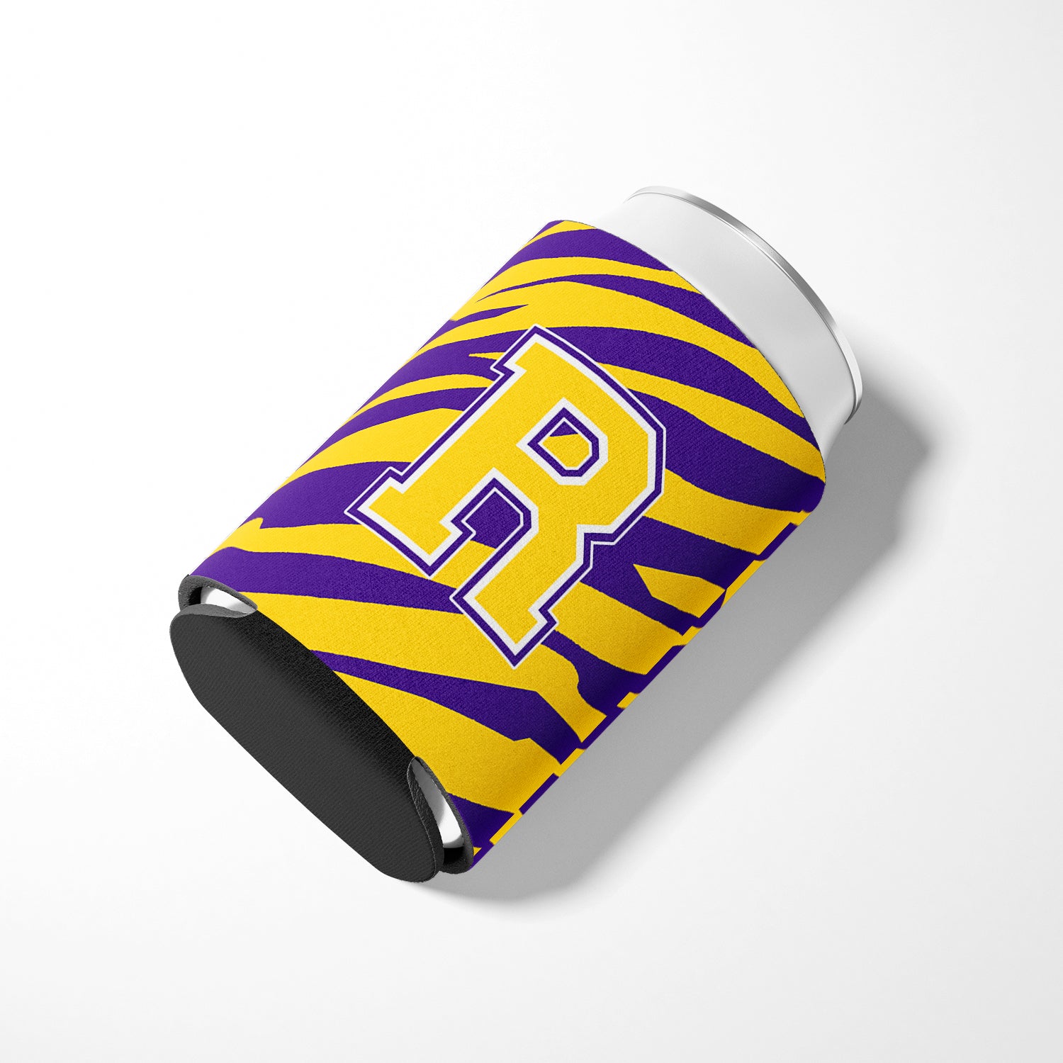 Monogram - Tiger Stripe - Purple Gold Can or Bottle Beverage Insulator Initial R.