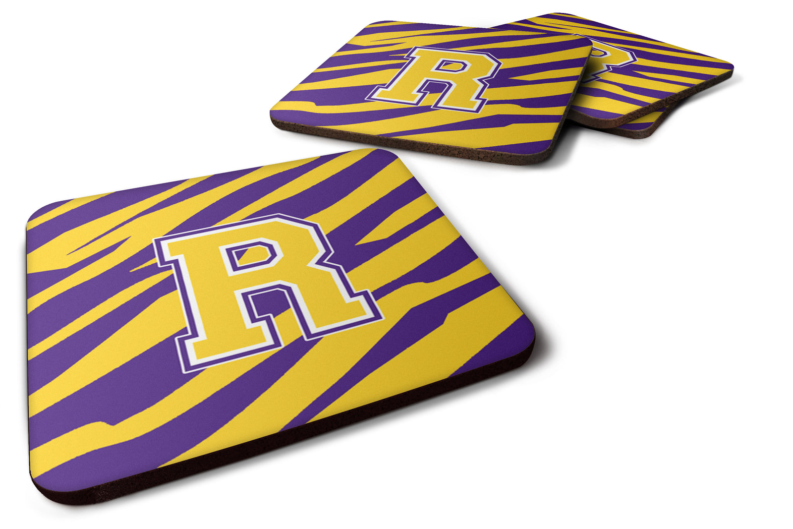 Set of 4 Monogram - Initial R Tiger Stripe - Purple Gold Foam Coasters - the-store.com
