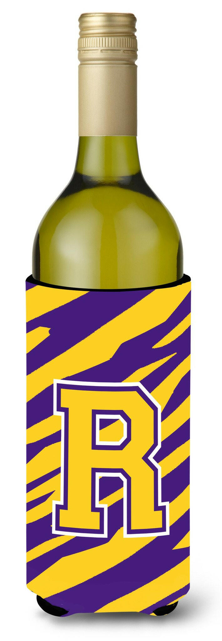 Monogram - Tiger Stripe - Purple Gold  Initial R Wine Bottle Beverage Insulator Beverage Insulator Hugger by Caroline's Treasures
