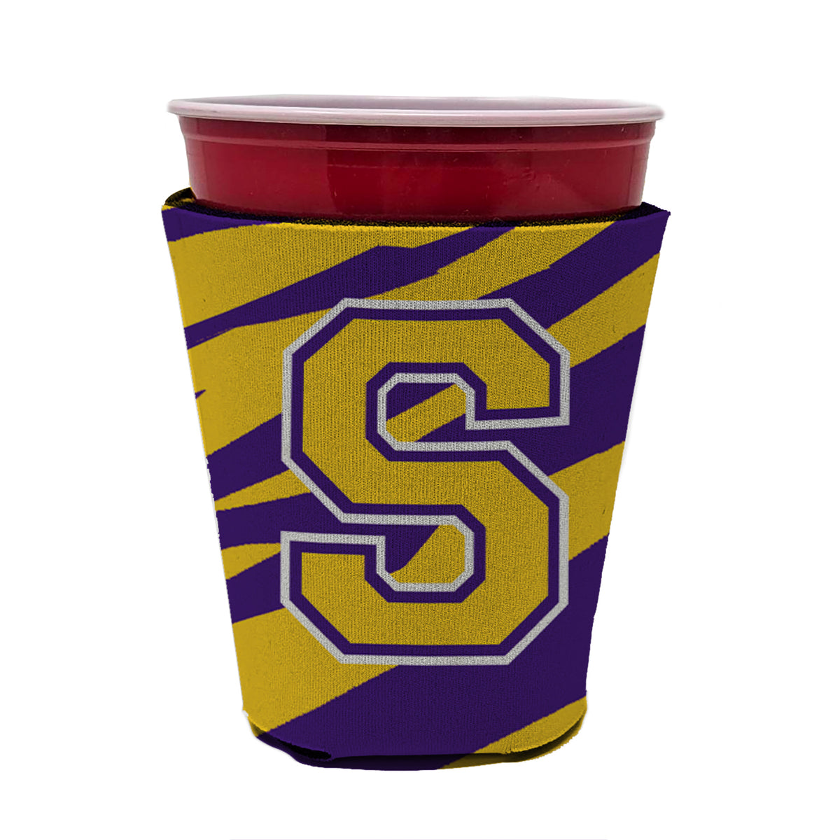 Tiger Stripe - Purple Gold Letter S Monogram Initial Red Cup Beverage Insulator Hugger