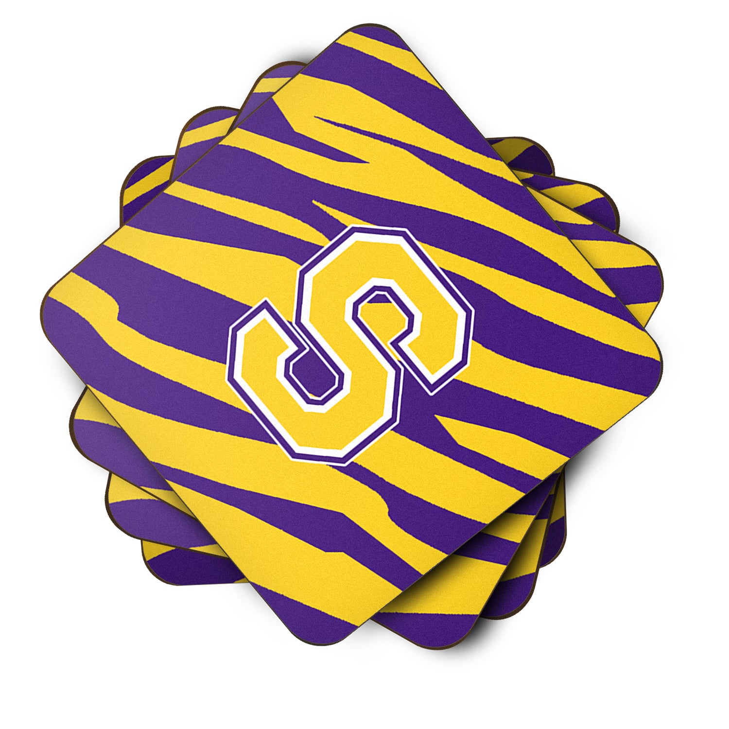 Set of 4 Monogram - Initial S Tiger Stripe - Purple Gold Foam Coasters - the-store.com