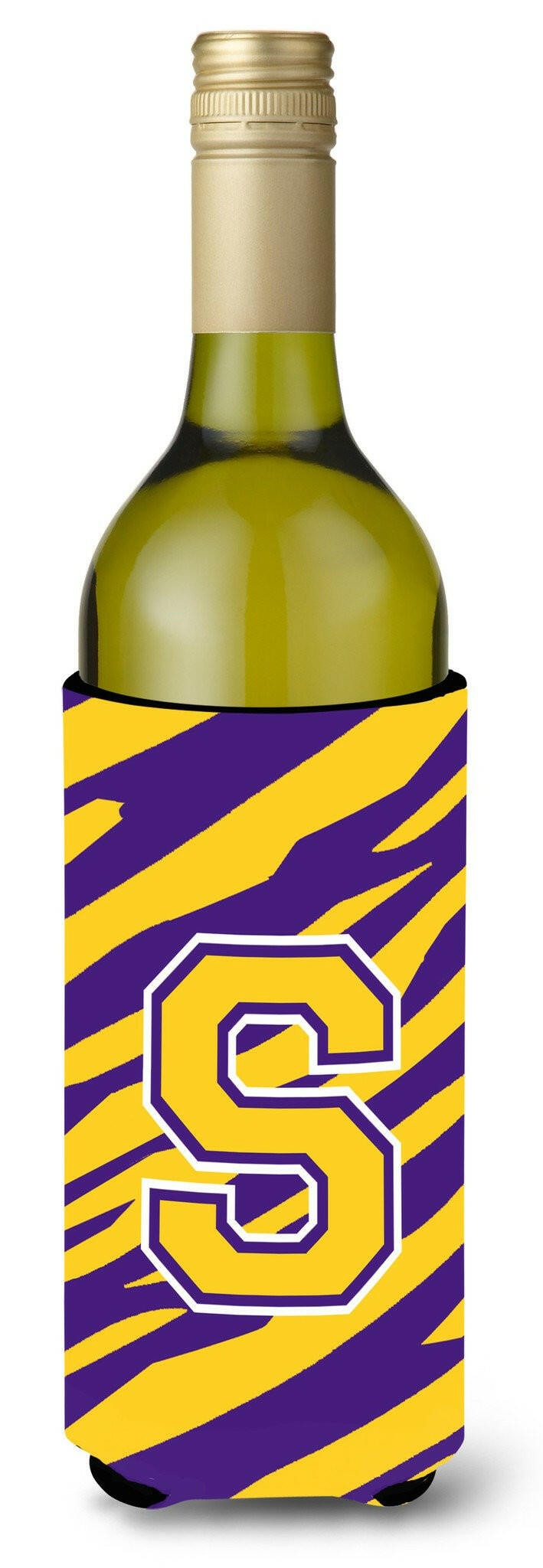 Monogram - Tiger Stripe - Purple Gold  Initial S Wine Bottle Beverage Insulator Beverage Insulator Hugger by Caroline&#39;s Treasures