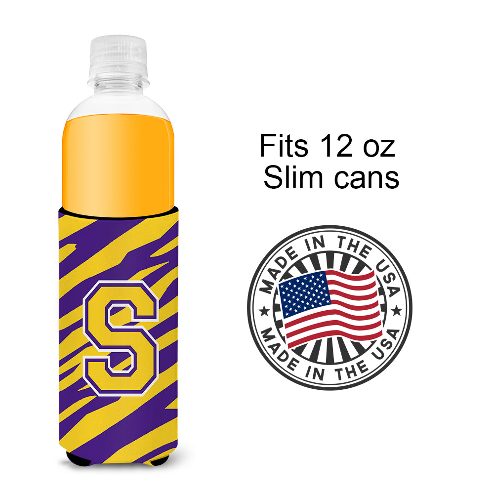 Monogram - Tiger Stripe - Purple Gold  Letter S Ultra Beverage Insulators for slim cans CJ1022-SMUK