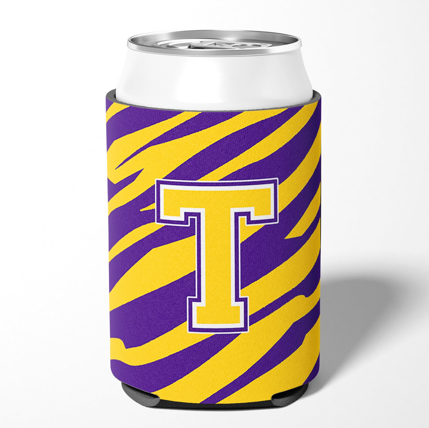 Monogram - Tiger Stripe - Purple Gold Can or Bottle Beverage Insulator Initial T