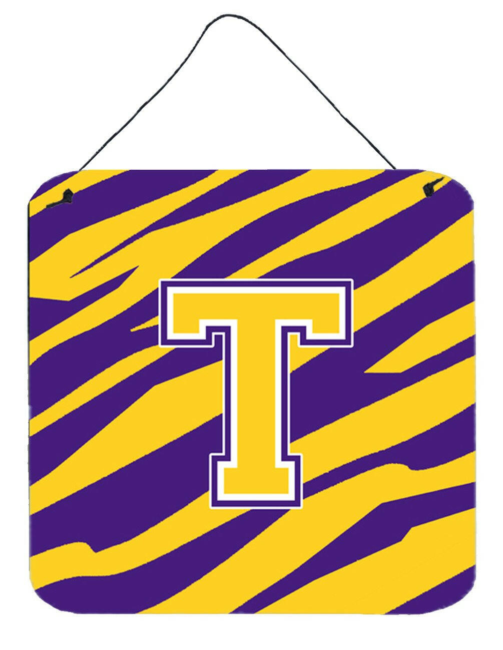 Tiger Stripe - Purple Gold Wall or Door Hanging Prints Initial T by Caroline&#39;s Treasures