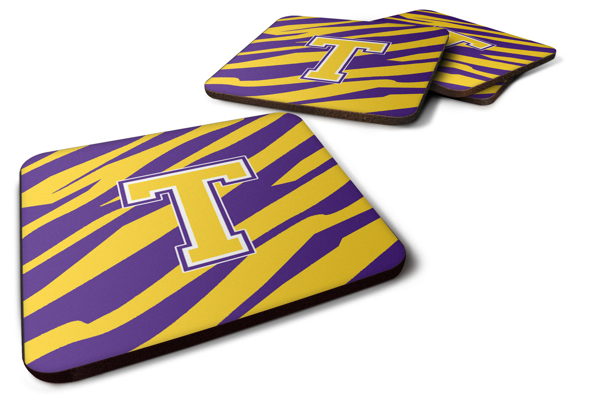 Set of 4 Monogram - Initial T Tiger Stripe - Purple Gold Foam Coasters - the-store.com