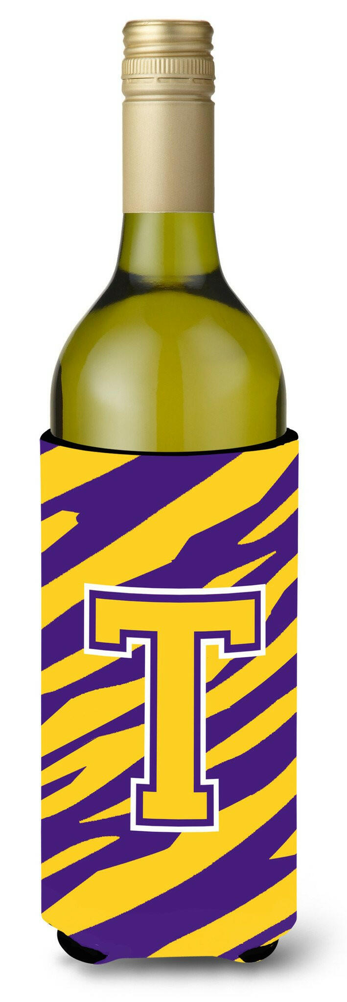 Monogram - Tiger Stripe - Purple Gold  Initial T Wine Bottle Beverage Insulator Beverage Insulator Hugger by Caroline&#39;s Treasures