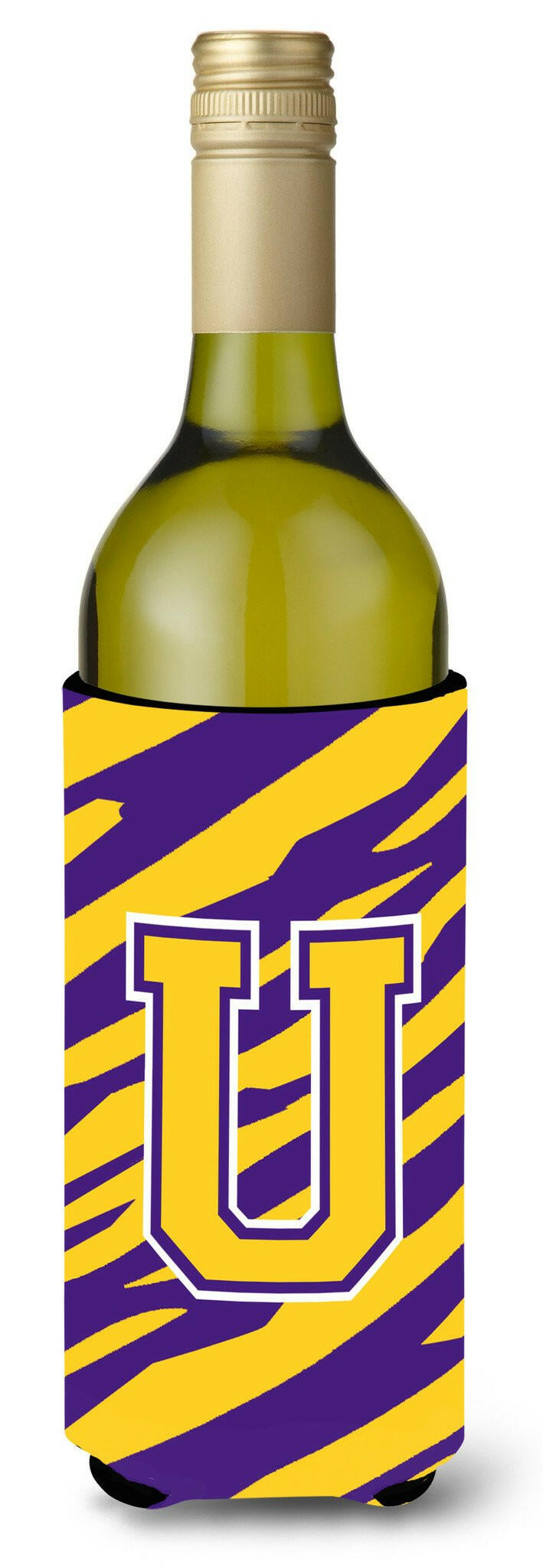 Monogram - Tiger Stripe - Purple Gold  Initial U Wine Bottle Beverage Insulator Beverage Insulator Hugger by Caroline&#39;s Treasures
