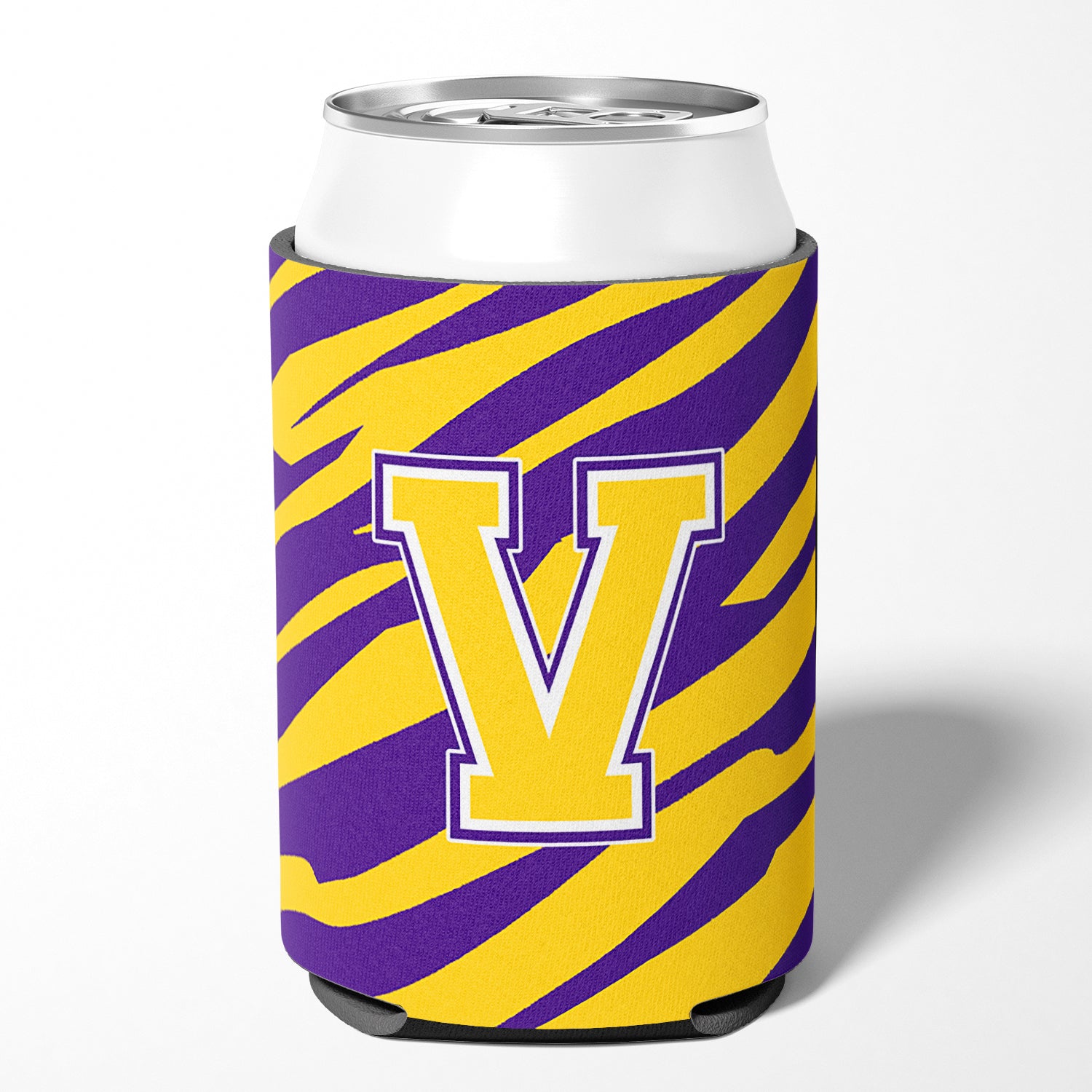 Monogram - Tiger Stripe - Purple Gold Can or Bottle Beverage Insulator Initial V