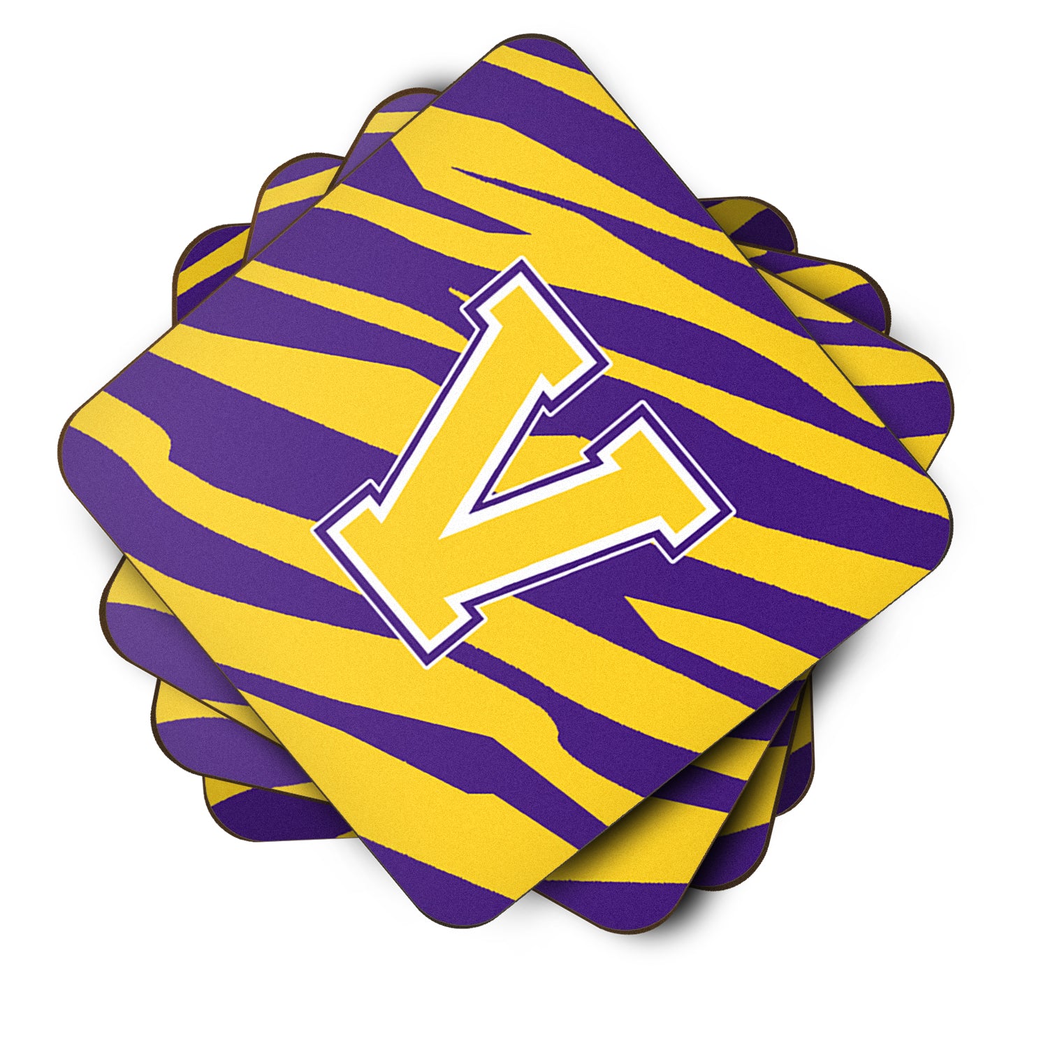 Set of 4 Monogram - Initial V Tiger Stripe - Purple Gold Foam Coasters - the-store.com