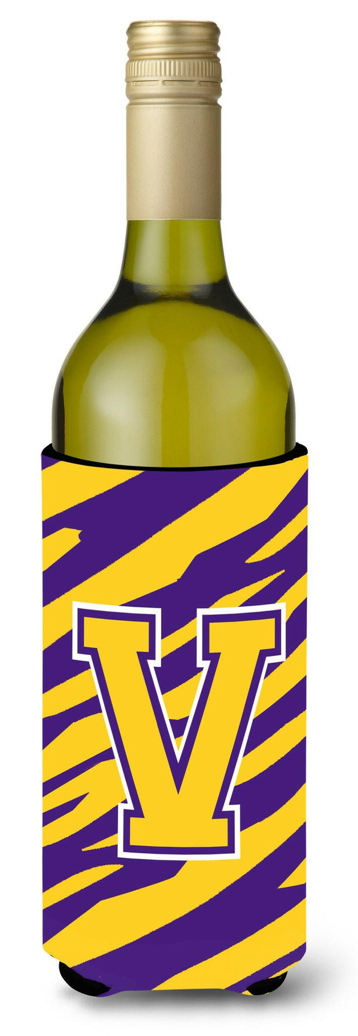 Monogram - Tiger Stripe - Purple Gold  Initial V Wine Bottle Beverage Insulator Beverage Insulator Hugger by Caroline&#39;s Treasures